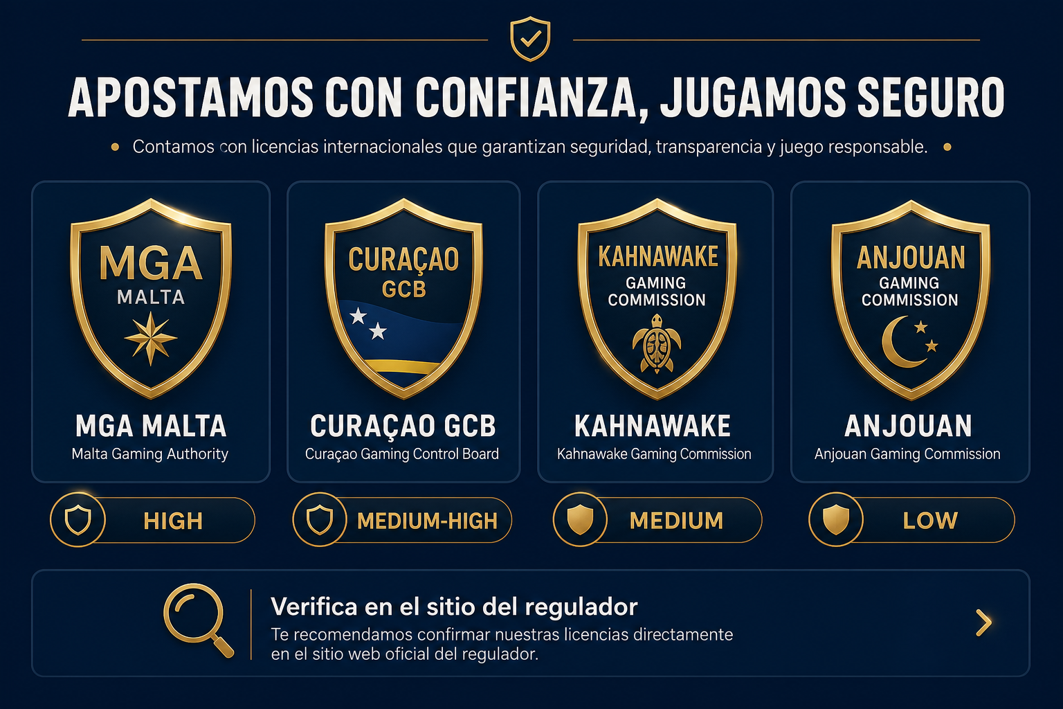 Licencias internacionales de casas de apuestas: MGA, Curaçao, Kahnawake, Anjouan